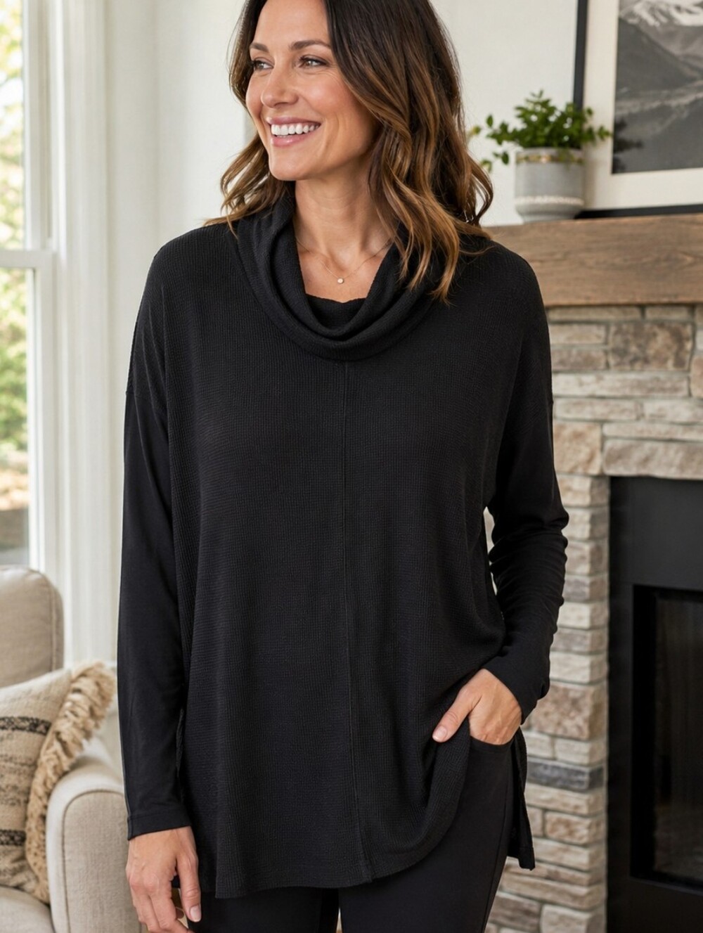 Splendid Black Waffle Knit Cowl Neck Tunic Top Large